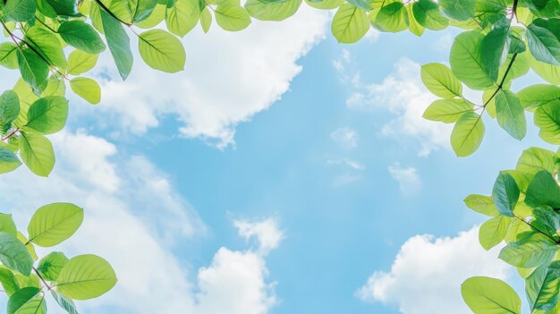 A vibrant blue sky with fluffy white clouds peeking through a frame of lush green leaves