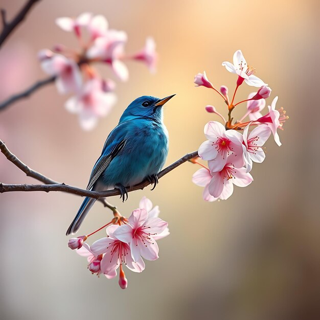 Photo a vibrant blue songbird perched on a flowering branchnatural detailsvibrant colors use ai