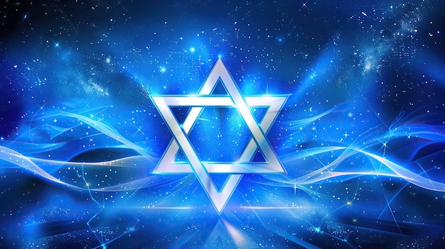 vibrant blue Star of David hanukkah backdrop with glowing lines against cosmic background spiritual