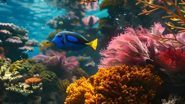 Vibrant Blue Tang Fish Swimming Through Colorful Coral Reef