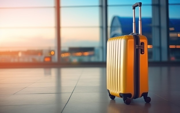 A vibrant blue travel suitcase stands in a blurry airport terminal