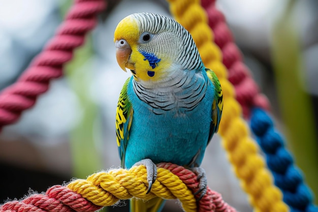 Photo a vibrant blue and yellow budgie perched on colorful ropes