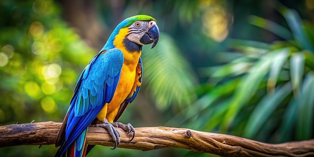 Vibrant blue and yellow macaw perched on a branch colorful tropical parrot feathers wildlife exotic bird vibrant