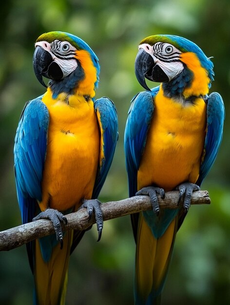 Photo vibrant blue and yellow macaws perched on a branch in lush greenery