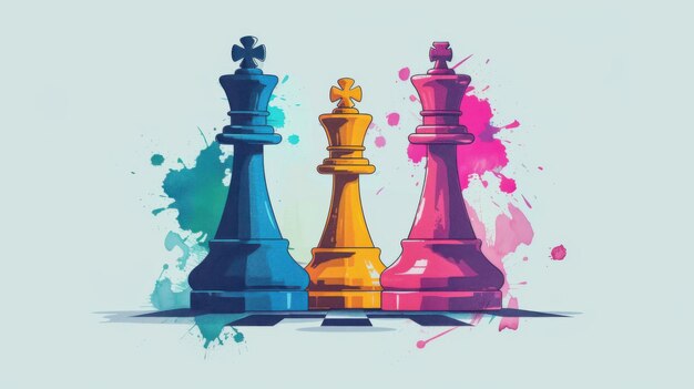 Photo vibrant blue yellow and pink chess pieces with artistic paint splashes representing creativity and strategy in a playful design