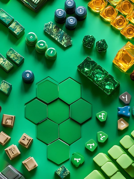 Vibrant Board Game Elements on Green Background