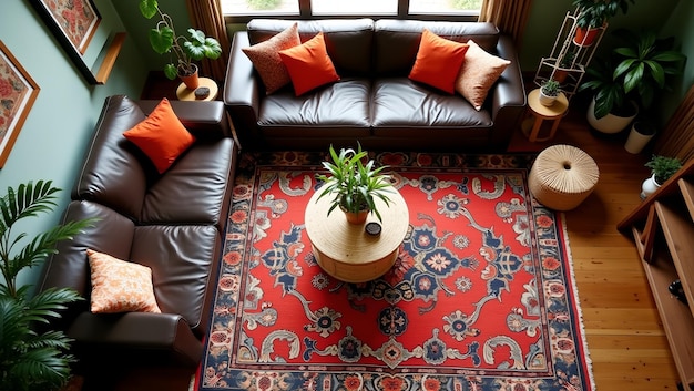 Photo vibrant bohemian living room with colorful persian rug leather sofa rattan table macrame plants