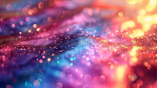 Vibrant Bokeh Background with Rainbow Colors and Water Droplets