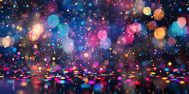 Vibrant Bokeh Lights Against Black Background with Cityscape and Rainbow Confetti Concept City Lights Bokeh Effect Rainbow Confetti Dark Background Vibrant Colors