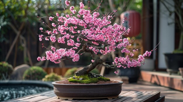 A vibrant bonsai tree with pink blossoms in a ceramic pot sits on a wooden table