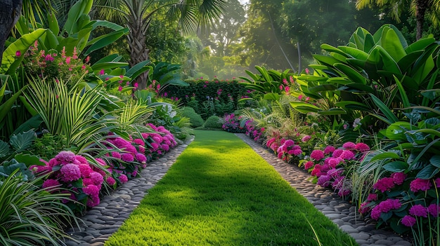 Vibrant botanical garden lush colorful foliage bright pink hydrangeas ornamental grasses largeleafed