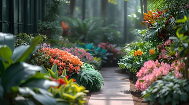 Vibrant Botanical Garden Path Lined with Tropical Plants