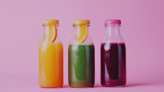 Vibrant bottles of fresh juice highlight healthy drink options on a pastel background