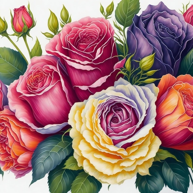 A vibrant bouquet of blooming watercolor roses ai generated