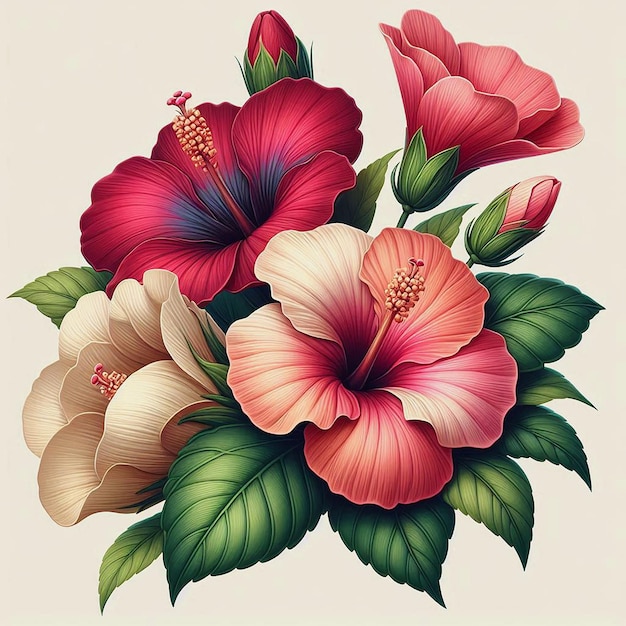 Photo a vibrant bouquet featuring four hibiscus flowers in varying shades isolated in white background