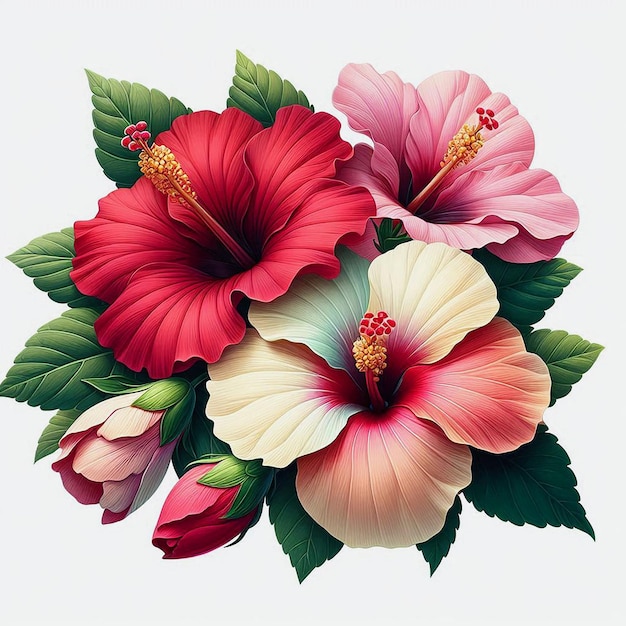 Photo a vibrant bouquet featuring four hibiscus flowers in varying shades isolated in white background