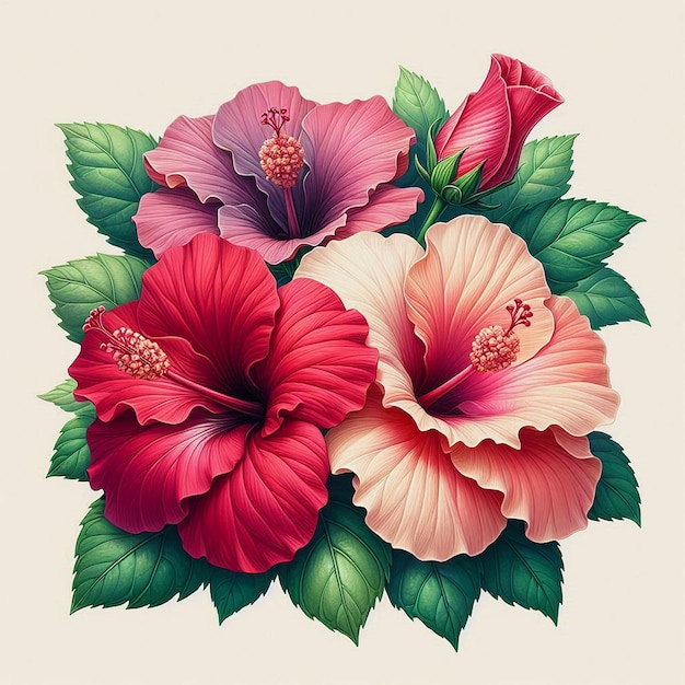 Photo a vibrant bouquet featuring four hibiscus flowers in varying shades isolated in white background