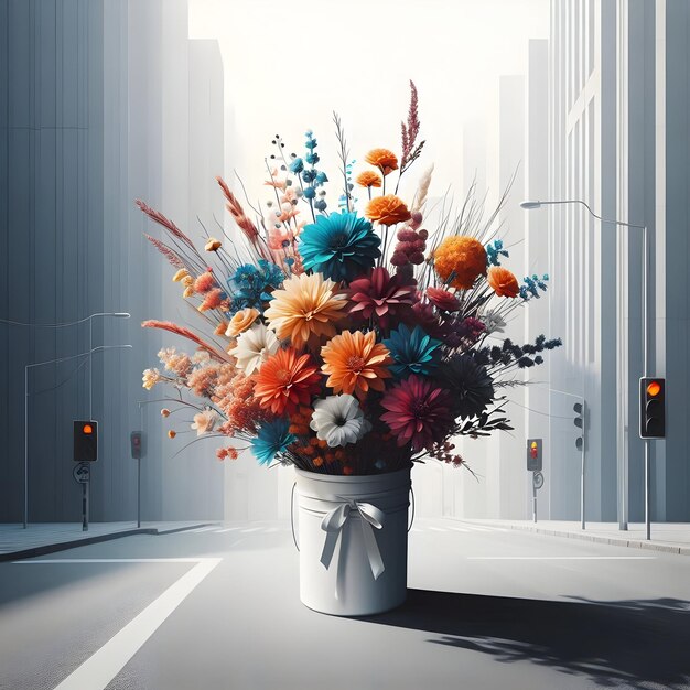 Photo a vibrant bouquet of flowers a splash of color amidst the grey of the urban streets isolated on pl