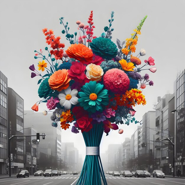 Photo a vibrant bouquet of flowers a splash of color amidst the grey of the urban streets isolated on pl