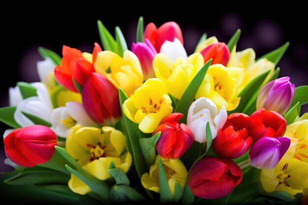 A vibrant bouquet of multicolored spring flowers against a black background for the easter season