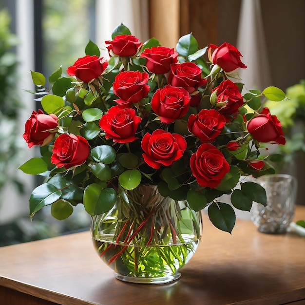 A vibrant bouquet of red roses in a glass vase surrounded by lush green foliage Ai Generated