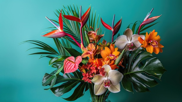 Photo a vibrant bouquet of tropical flowers and greenery