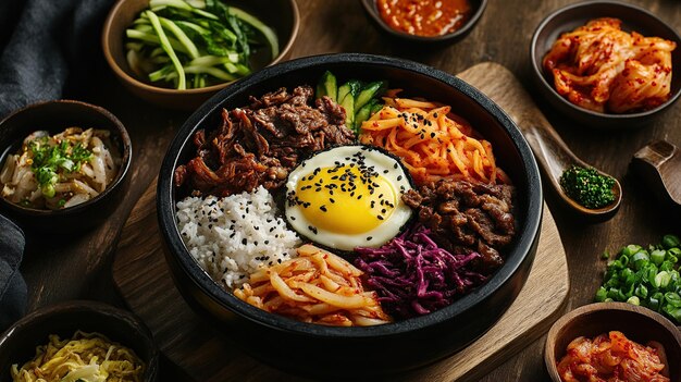 Photo a vibrant bowl of bibimbap with an egg vegetables and sides of kimchi and sauces