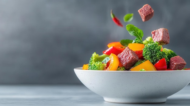 Vibrant bowl of fresh vegetables and beef showcasing healthy ingredients with dynamic motion and colorful presentation