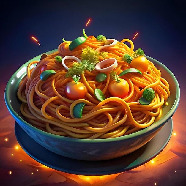 A vibrant bowl of noodles with colorful vegetables perfect for illustrating delicious and hearty Asian cuisine