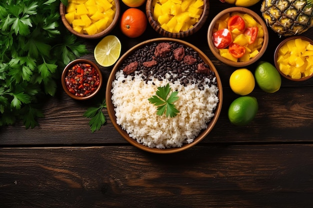 Vibrant Brazilian Cuisine Flat Lay with Feijoada and Fruits