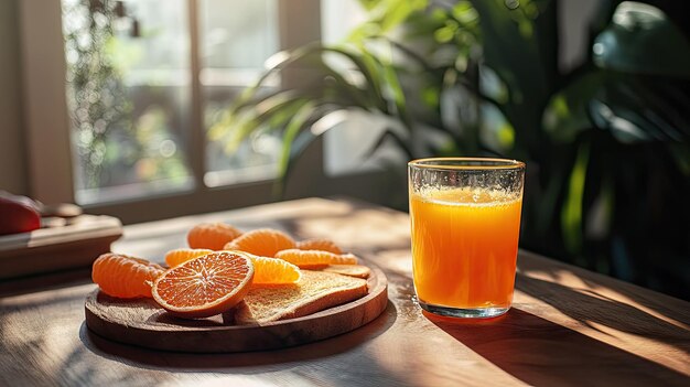 Photo a vibrant breakfast setting with a glass of tangerine juice toast and fresh fruit slices on a wooden table