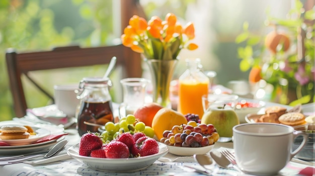 Photo a vibrant breakfast spread featuring fruits pastries and fresh juice on a sunlit table surrounded by