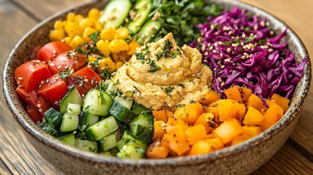 Photo vibrant buddha bowl filled with colorful vegetables and hummus in a beautiful ceramic dish