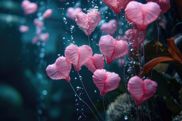 A vibrant bunch of pink flowers floating in the air creating a stunning visual display An underwater Valentines Day setting filled with heartshaped bubbles AI Generated