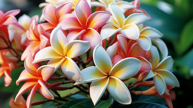 Vibrant bunch of plumeria flowers blooming on a plant in closeup