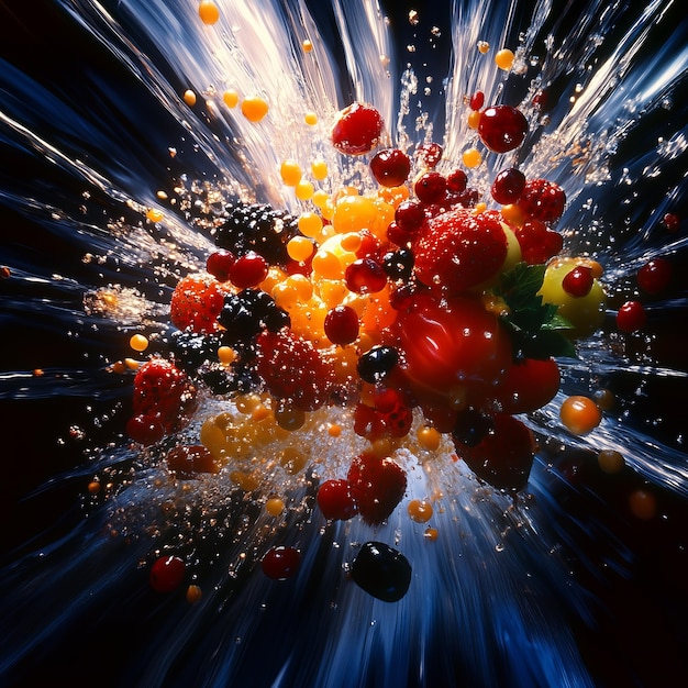 Photo a vibrant burst of fresh fruit exploding in a splash of water