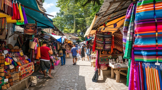 A vibrant and bustling market with colorful stalls selling a variety of goods There are people walking around and shopping