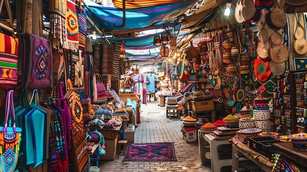 A vibrant and bustling Middle Eastern market is full of colorful textiles intricate carpets and unique souvenirs