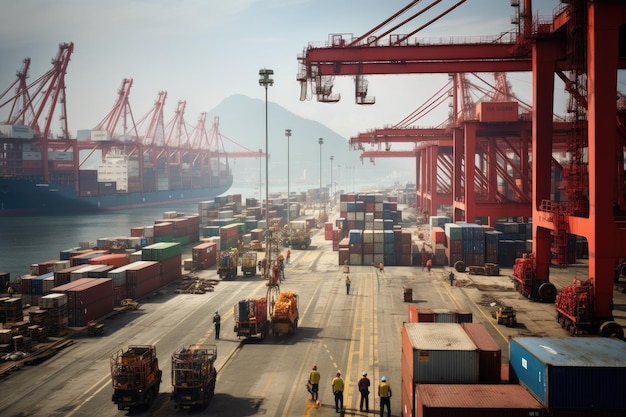 Vibrant and busy cargo port with ships cranes and containers