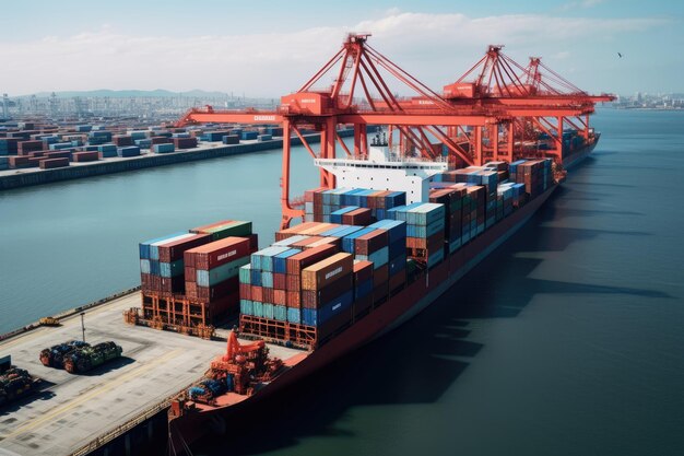 Vibrant and busy cargo port with ships cranes and containers