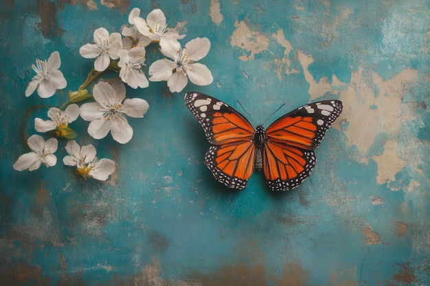 Photo a vibrant butterfly beside delicate white flowers on a textured background