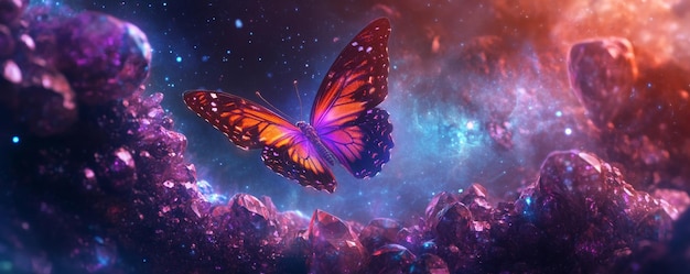 Photo vibrant butterfly in a cosmic nebula setting surreal beauty and wonder concept