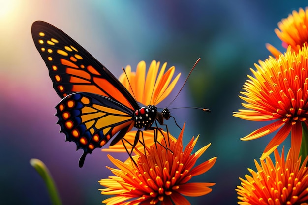 Vibrant butterfly perched on a colorful flower