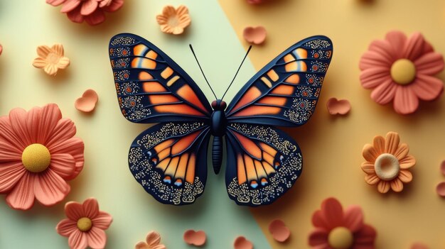 Vibrant Butterfly with Colorful Wings Surrounded by Decorative Flowers on a Pastel Background