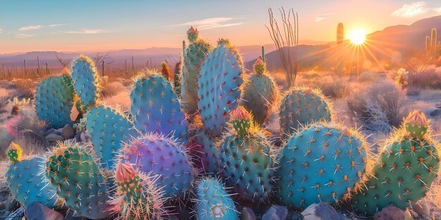 Vibrant cacti illuminated by the setting sun in a serene desert landscape AI Concept Desert Oasis Cactus Garden Sunset Glow Nature Photography Outdoor Adventure