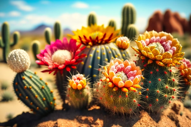 Vibrant cactus flowers blossoming under the harsh summer sun amidst a sandy desert landscape