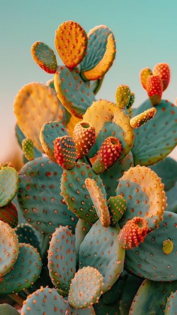 Vibrant Cactus Garden Stunning Close up of Colorful Psickly Pear Cactus with Golden Spines in