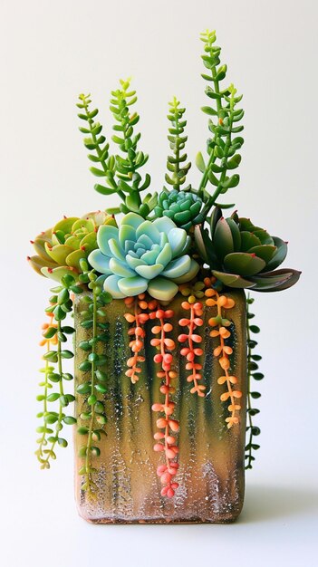 Photo vibrant cactus and succulent arrangement in a colorful ceramic pot on a white background