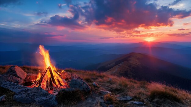 Photo a vibrant campfire burns on a mountain ridge under a colorful sunset sky with clouds and distant pea