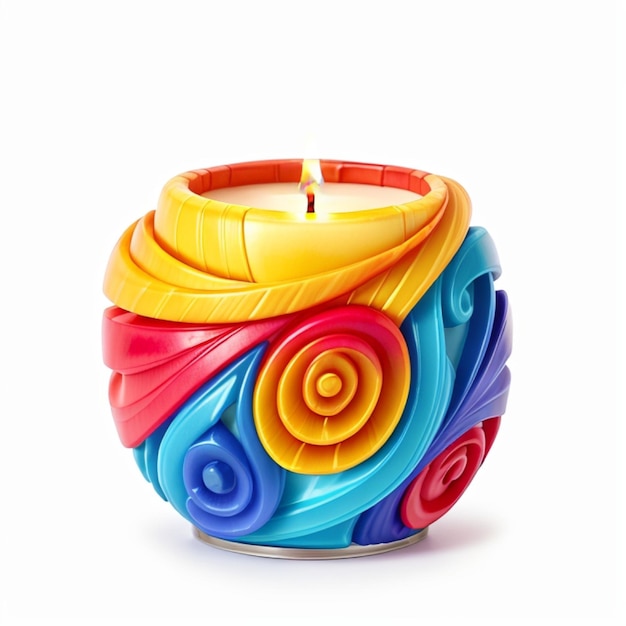 A vibrant candle featuring a captivating swirl design